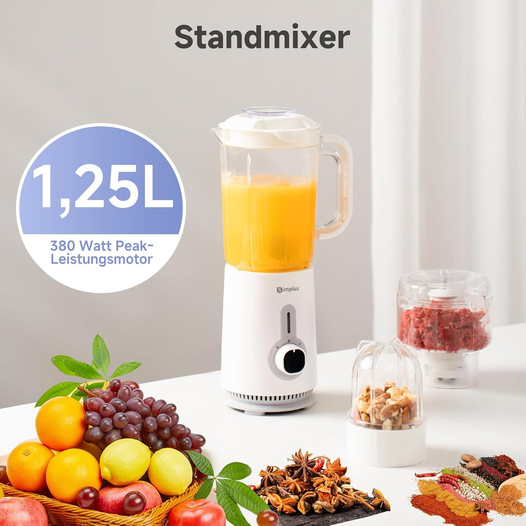 SIMPLUS 3-in-1 Standmixer & Smoothie Maker mit 1,25L Mixbecher, 500ml Fleischwolf & 300ml Mahlbecher
