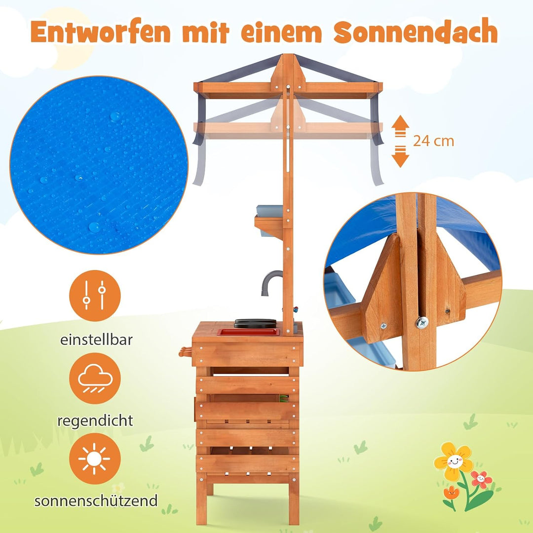 COSTWAY Matschküche Kinder Outdoor, Kinderküche Holz mit Sonnendach & Tafel & Pflanzbechern & Schauf
