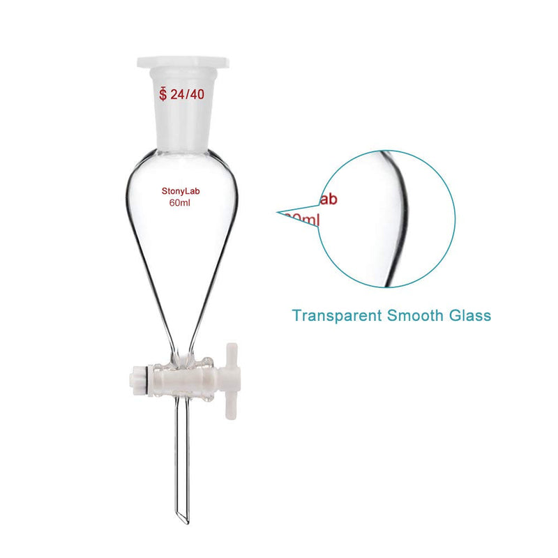 StonyLab 60 ml Trichter aus Borosilikatglas, Separatory Funnel, Schwerwandig Konisch mit 24/40 Gelen