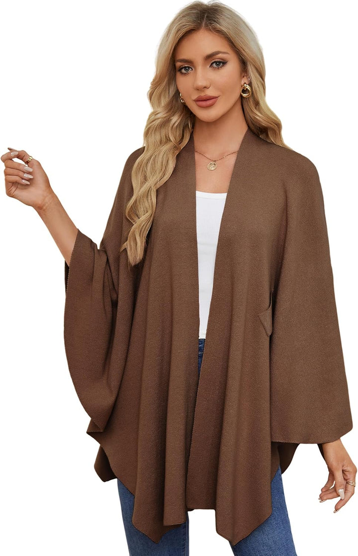 PULI Damen Elegant Poncho Strick Ponchos Capes Vorne öffnen Vielseitige Schalwickel mit Lasche Karam