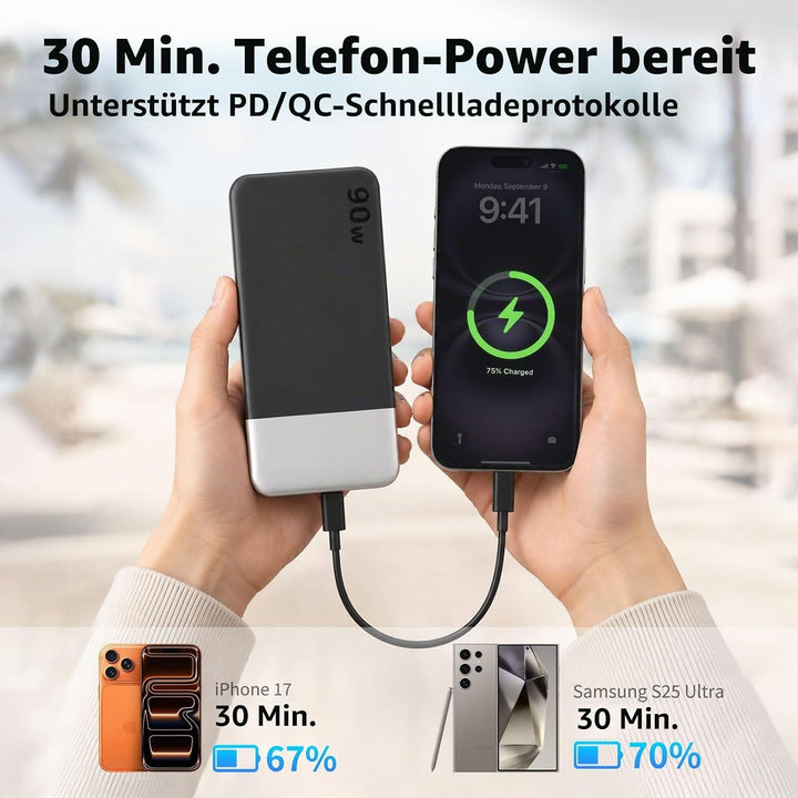 NOBIS 90W 20.000 mAh Powerbank, Tragbarer Laptop-Ladegerät mit 4 Anschlüssen, PD Schnellladung, Digi