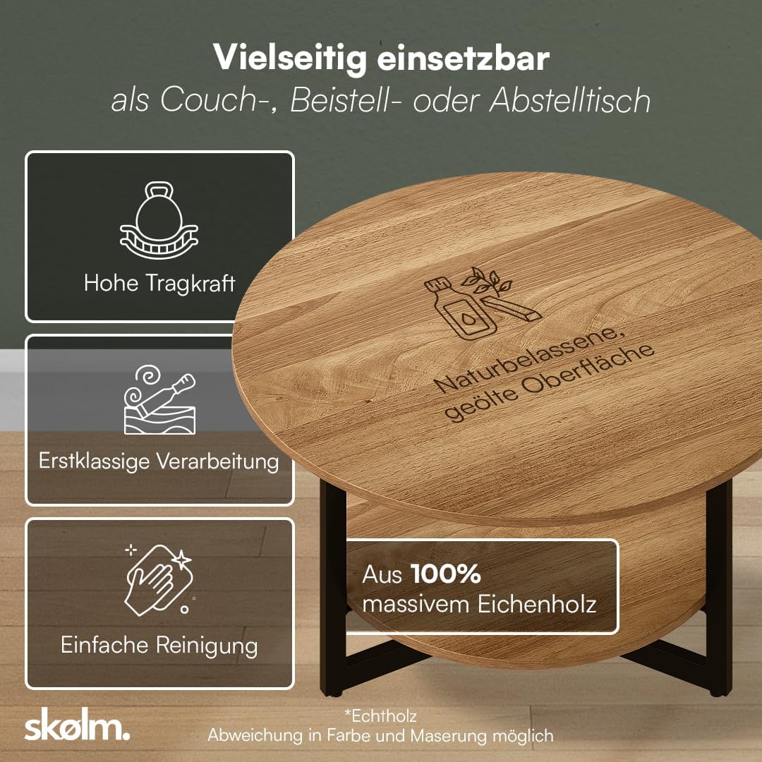 skølm Drakkar Couchtisch rund Ø70 cm – Wohnzimmertisch aus Massivholz Eiche & Metallgestell – Sofati