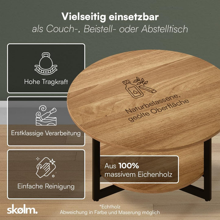skølm Drakkar Couchtisch rund Ø70 cm – Wohnzimmertisch aus Massivholz Eiche & Metallgestell – Sofati