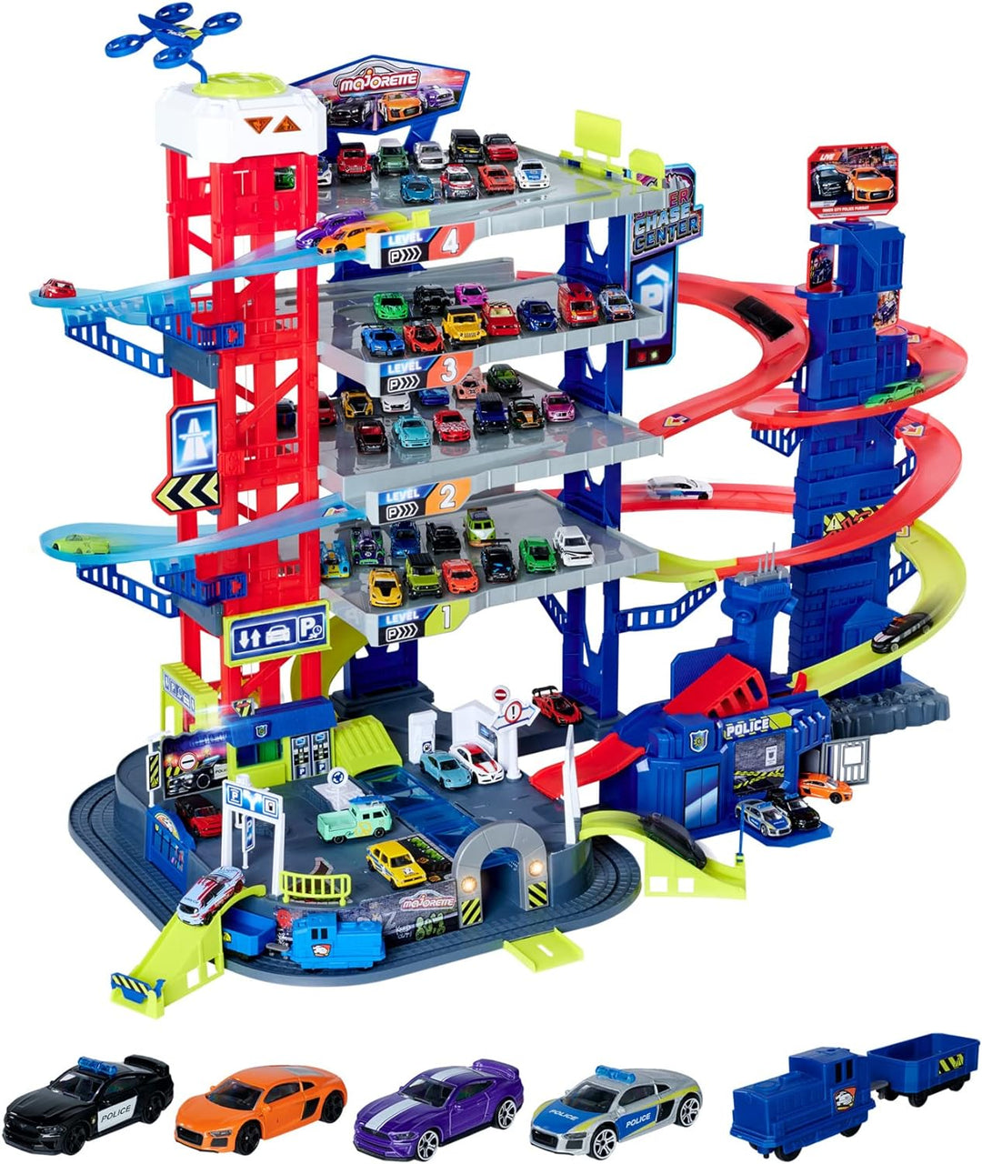 Majorette – Super Chase Center - Parkhaus mit 5 Etagen & Porsche Discovery-Set 20+2 – 22 hochwertige