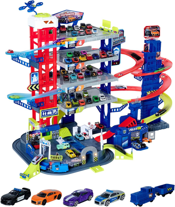 Majorette – Super Chase Center - Parkhaus mit 5 Etagen & Porsche Discovery-Set 20+2 – 22 hochwertige