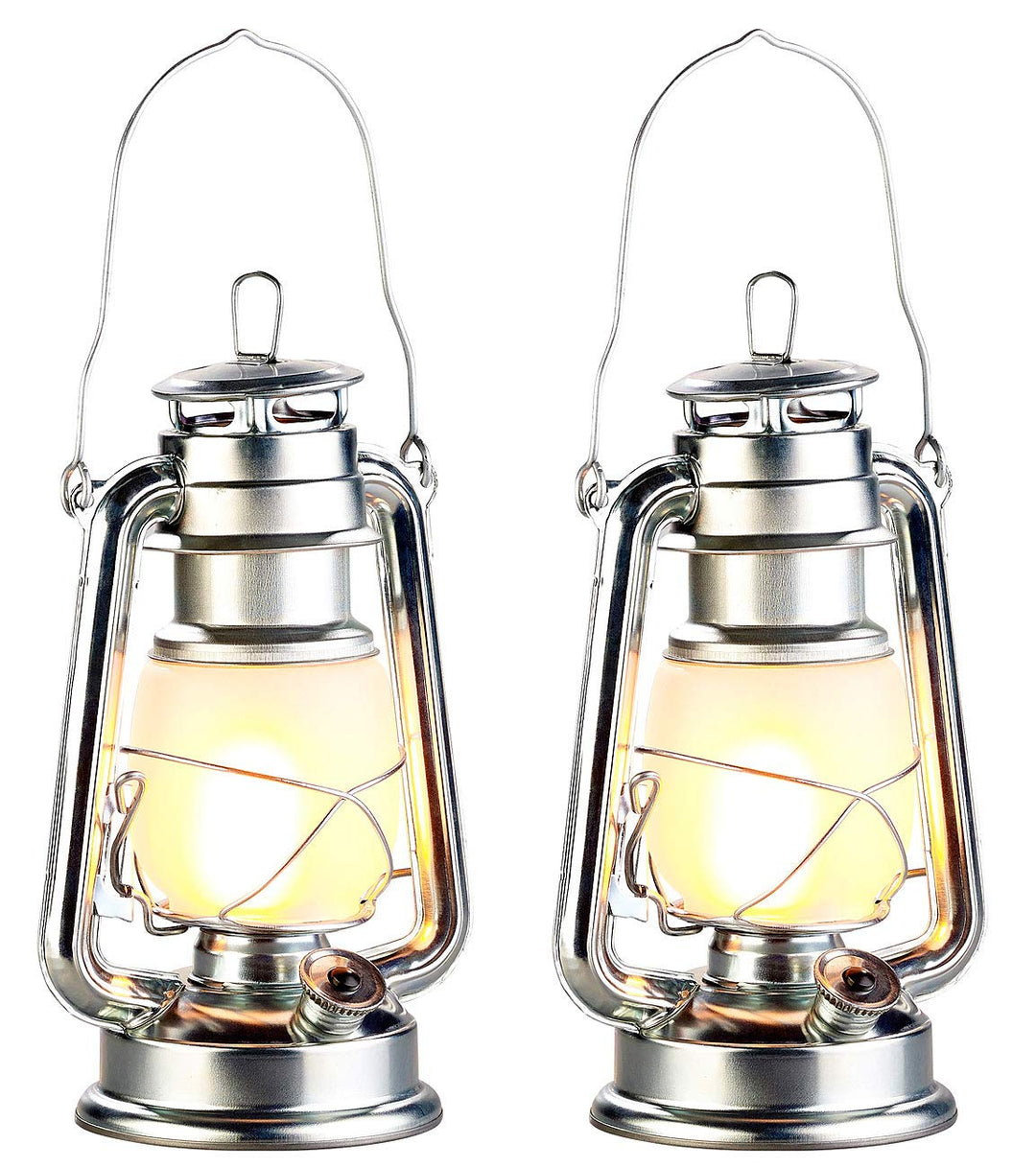 Lunartec Laternen: 2er-Set LED-Sturmlaternen mit Flammen-Effekt, 25 cm Höhe, silberfarben (Camping-L