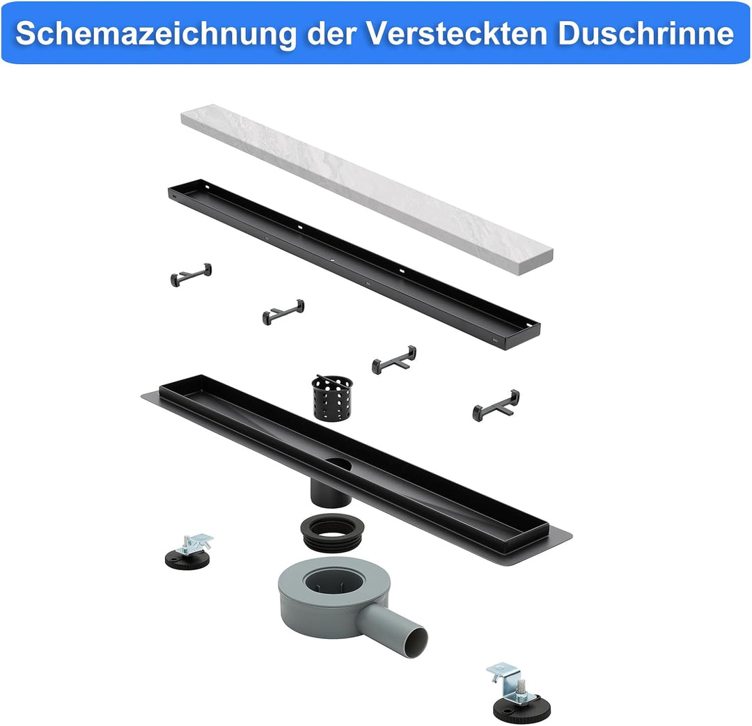 Duschrinne Befliesbar 60cm Schwarz Matt, 360°Siphon mit Geruchsstop und Haarsieb, 304 Edelstahl Abla
