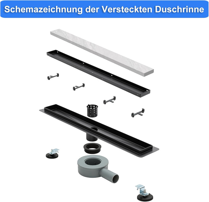 Duschrinne Befliesbar 60cm Schwarz Matt, 360°Siphon mit Geruchsstop und Haarsieb, 304 Edelstahl Abla