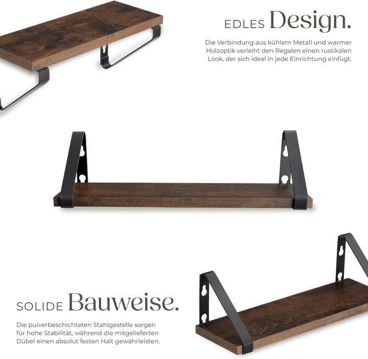 tectake® Industrial Wandregal Holz, 3X Regal Wand Set, Schweberegal, Regale 30/35/40 cm, Hängeregal,