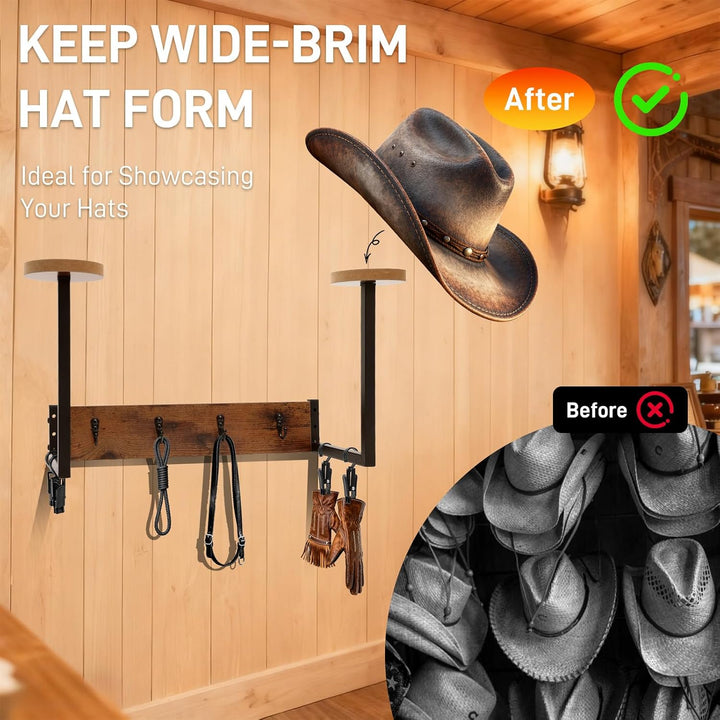Helmhalterung Wand, Holz Hutständer Wand für Cowboyhut, Motorrad Garderobe Hutaufhänger mit 4 Metall