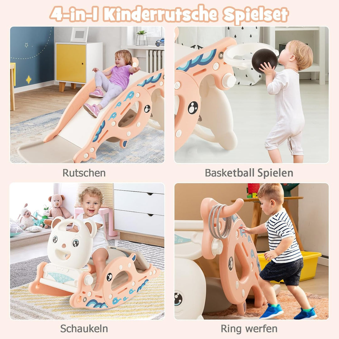 DREAMADE 4 IN 1 Kinder Rutsche mit Schaukelpferd & Basketballkorb & Ringwurfspiel, Kinder Spielplatz