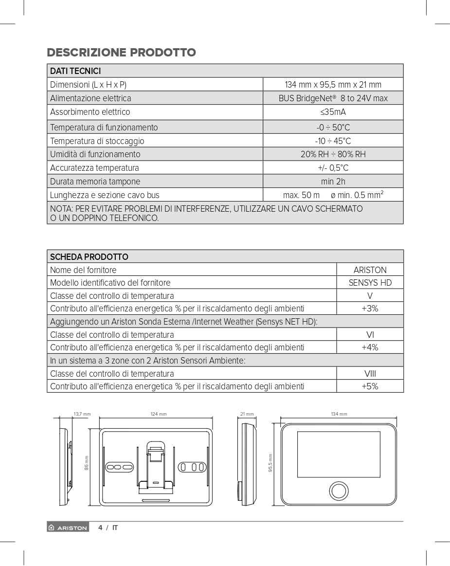 Ariston SENSYS HD 3319467 Systemmanager mit Kabel, Weiss