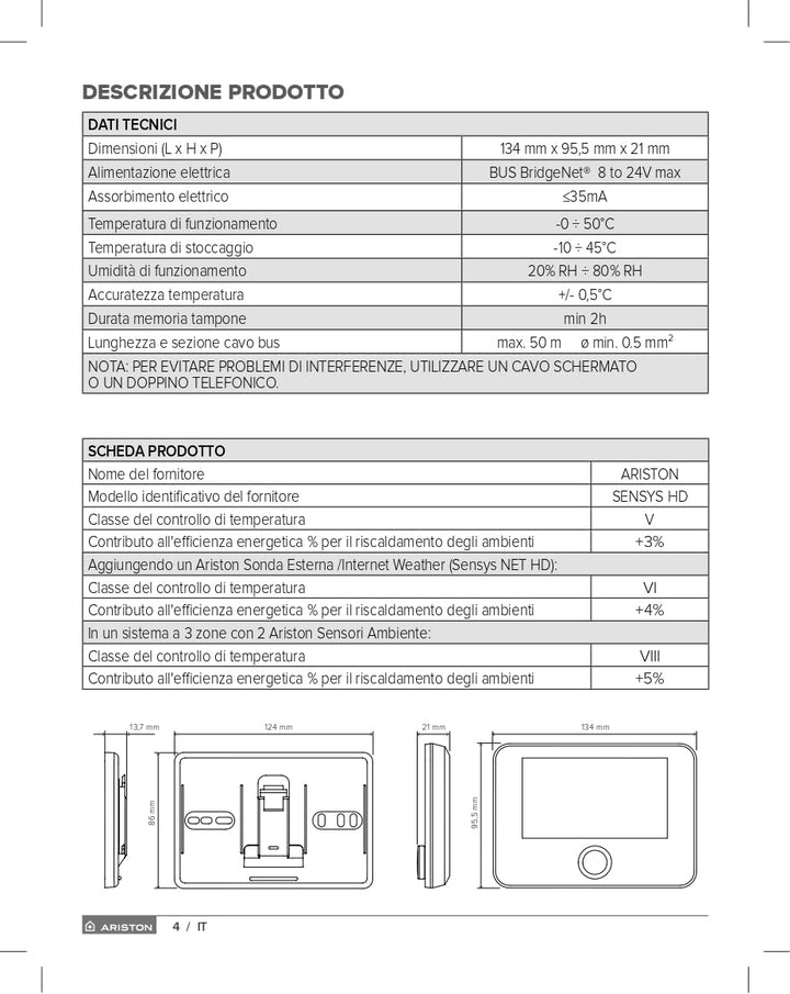Ariston SENSYS HD 3319467 Systemmanager mit Kabel, Weiss
