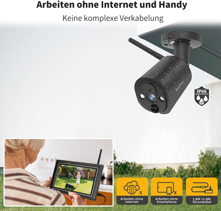SecuFirst 2K Überwachungskamera Aussen Set mit Innen Monitor,7 Zoll Touchscreen Babyphone mit Kamera