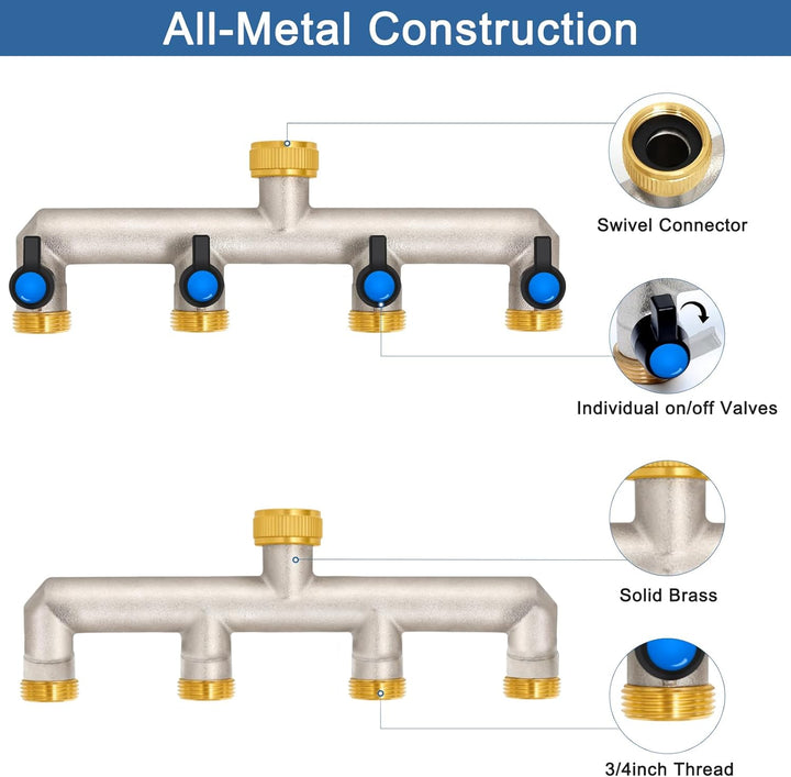 4-Wege Wasserhahn Wasserverteiler aus Messing für 4 Geräte/Gartenschläuche, 4er Verteiler 3/4" Adapt