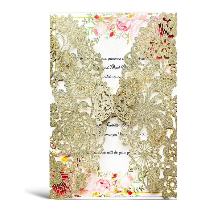 Hosmsua 20 x Blanko-Champagner-Gold-Glitzer-Hochzeitseinladungskarten mit Schmetterlingsspitze, Flor