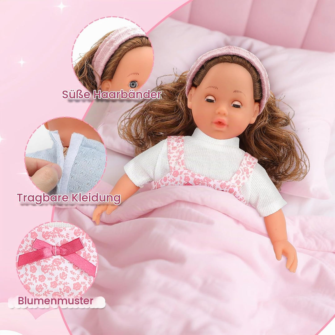 deAO Babypuppen-Spielset mit Zubehör, 38cm Puppe mit 4 Outfits und Puppenzubehör Spiegel Lockenstab