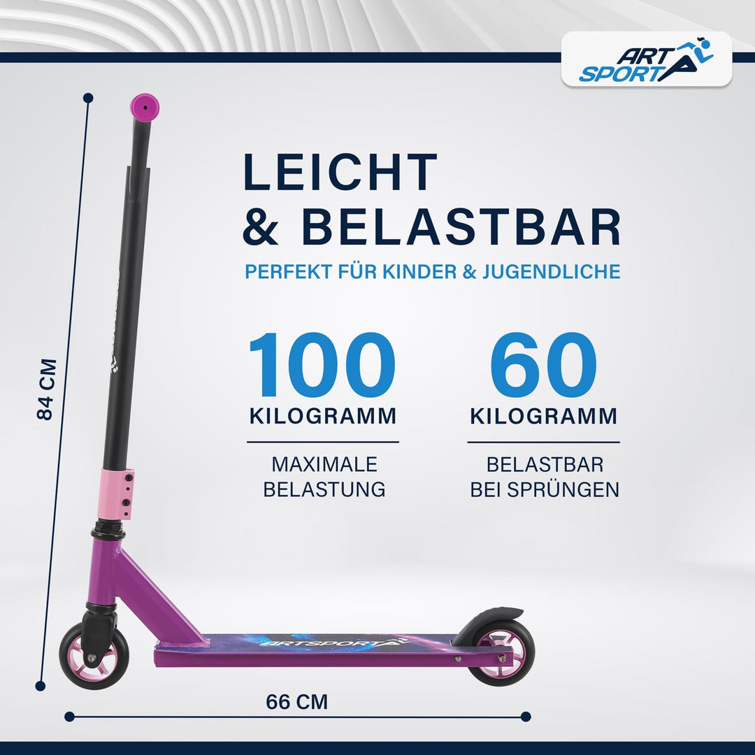 ArtSport Stunt Scooter mit 360° Lenkung, ABEC 9 Kugellager, 100 mm PU Räder & Griptape, Funscooter f