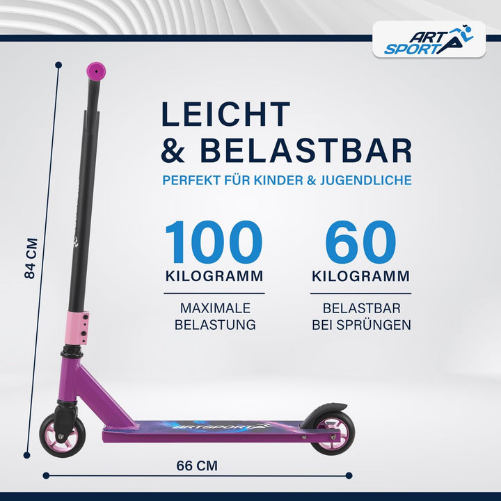 ArtSport Stunt Scooter mit 360° Lenkung, ABEC 9 Kugellager, 100 mm PU Räder & Griptape, Funscooter f