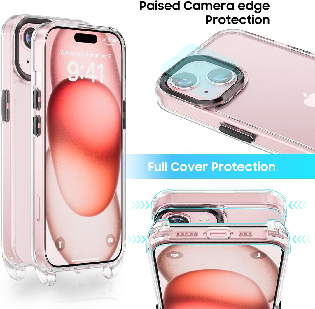 UYMO Handykette Hülle mit Band Für iPhone 15 6.1" -| mit 2 Stück Schutzfolie |, Necklace Transparent