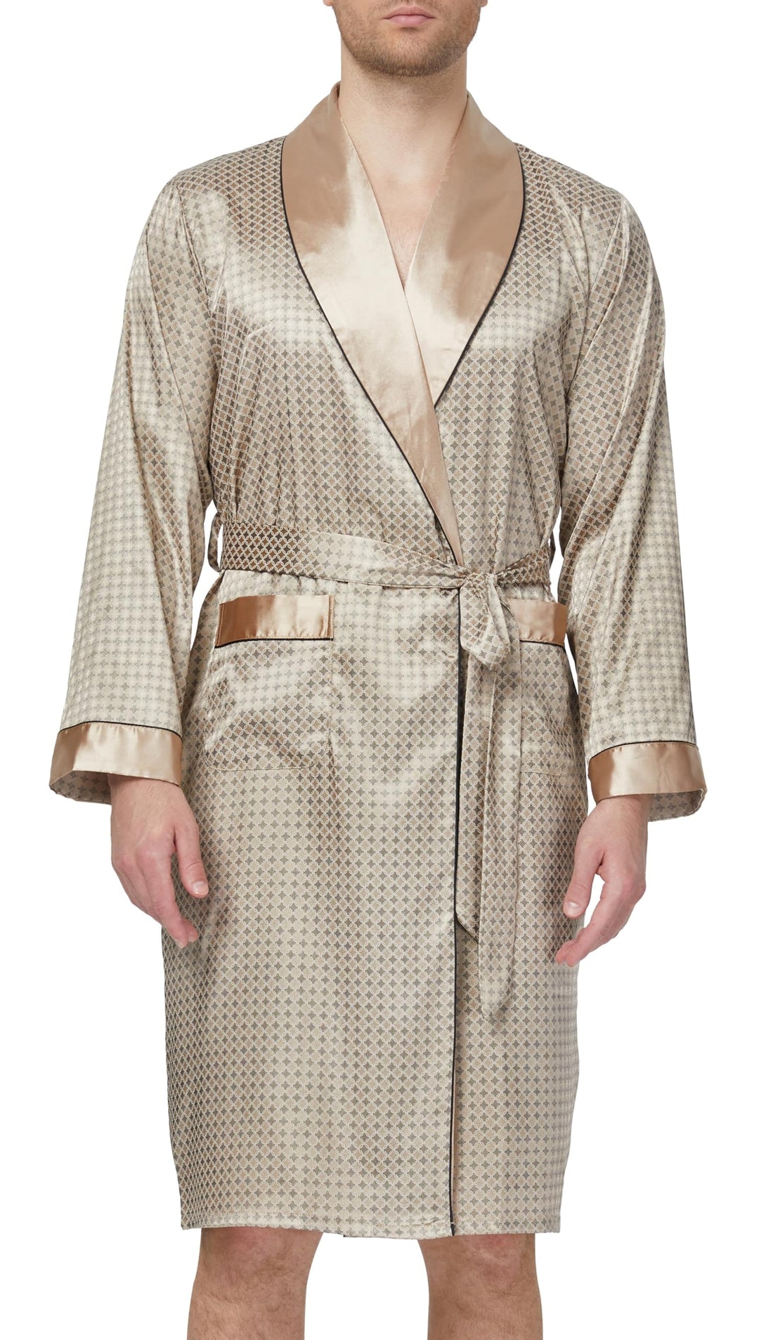 Herren Satin Bademantel, Leichter Seiden Langarm Bademantel mit Shorts Set, Spa Kimono Nachtwäsche M