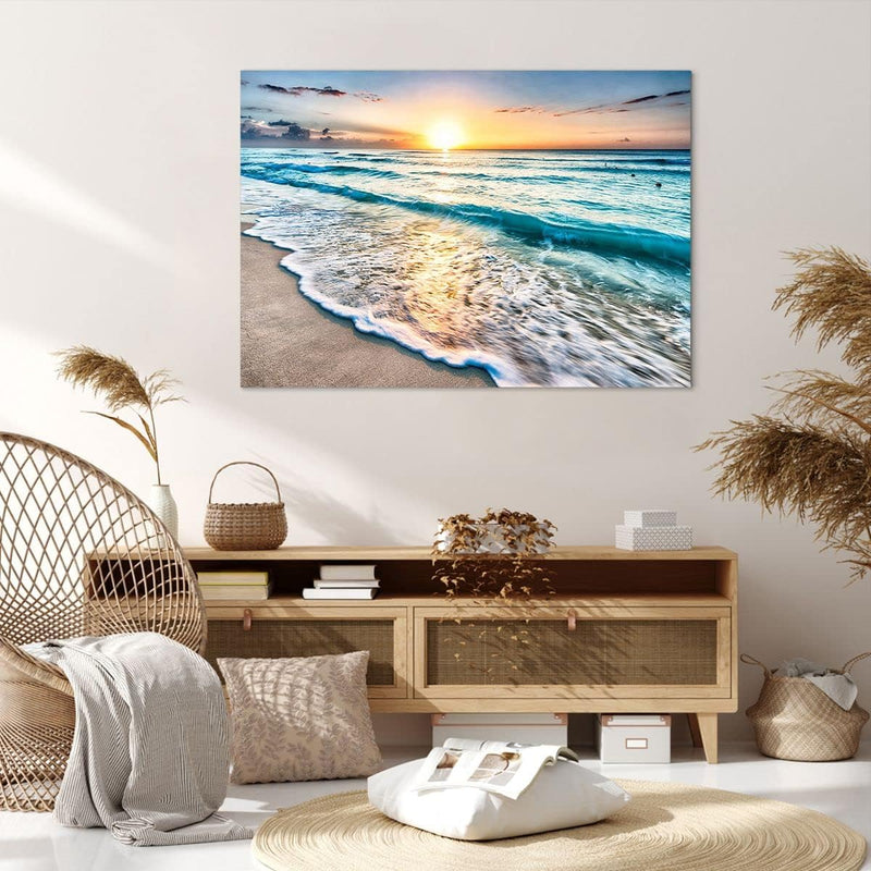 Bilder auf Leinwand 100x70cm Leinwandbild mit Rahmen Meer Welle Strand Gross Wanddeko Bild Schlafzim