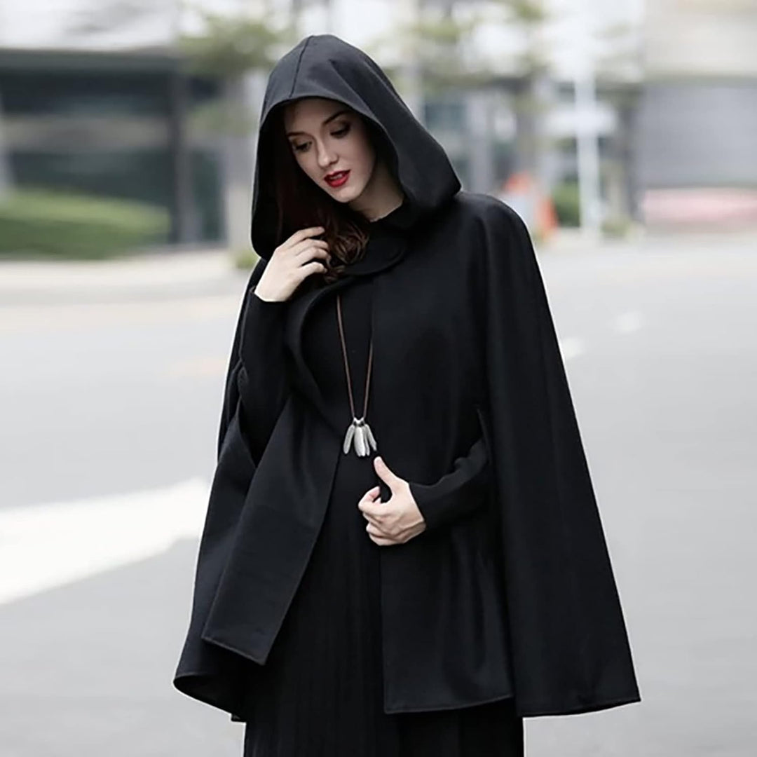 Wollen Umhang mit Kapuze Damen Vintage Einfarbig Poncho Robe Halloween Kostüm Leichte Trenchcoat Win