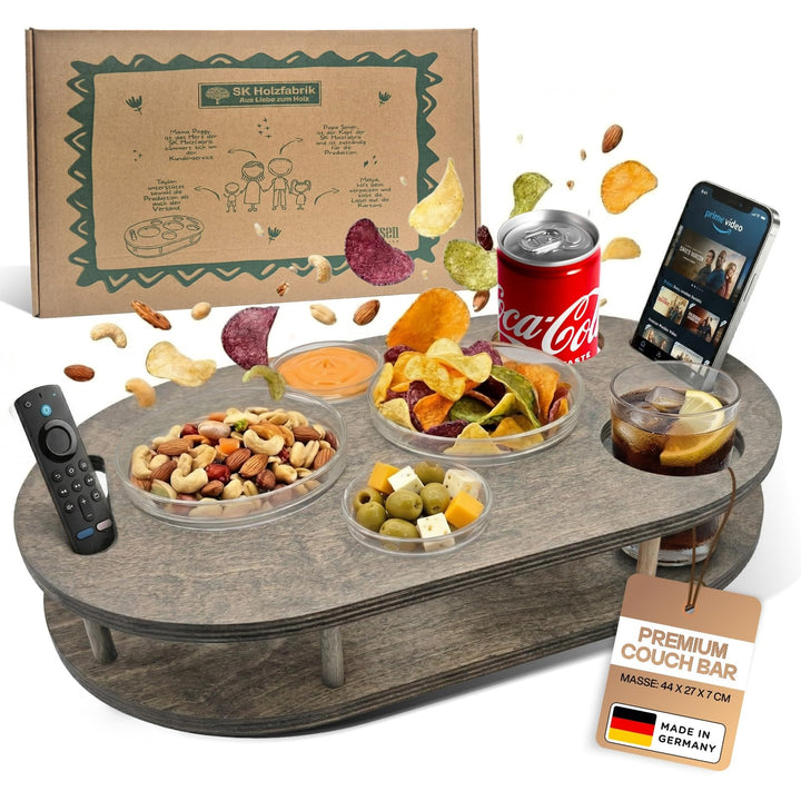 Couchbar Snackbox in grau mit 4 Glasschalen - Sofabar für Snacks und Getränke - Couchtabletts mit Ge