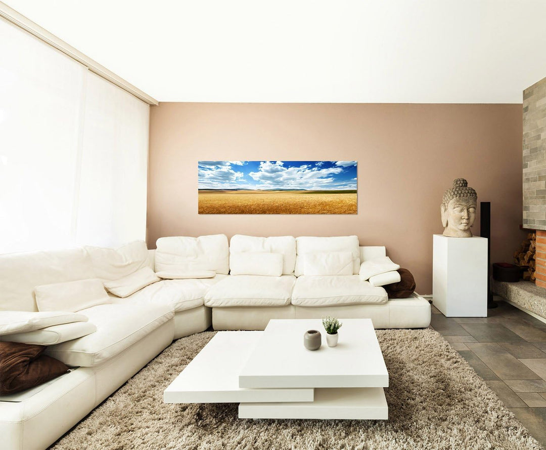 Paul Sinus Art Panoramabild auf Leinwand und Keilrahmen 150x50cm Italien Toskana Kornfeld Wolken Him