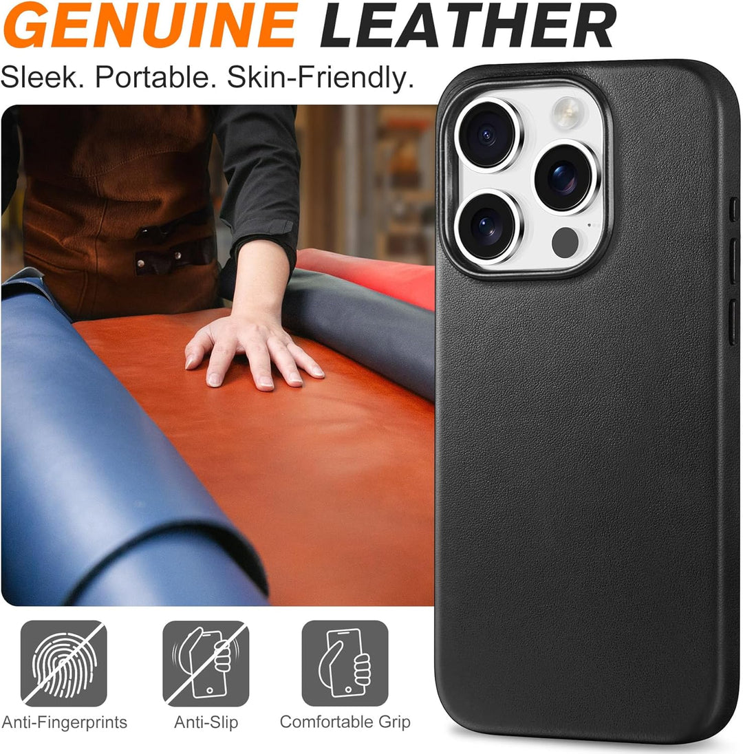 SHIELDON Hülle für iPhone 15 Pro Handyhülle Case [Echtleder] [Kabellos Laden] [Magnet] [Ultra Dünn]