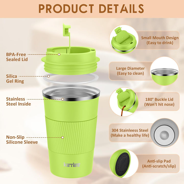 KETIEE Kaffeebecher to go,380ml Thermobecher Kaffee-to-go,Kaffeebecher Thermo,Doppelwandig Reisebech