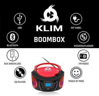 KLIM Boombox Radio mit CD Player - NEU 2023 - FM-Radio, CD Player, Bluetooth, MP3, USB, AUX - Inklus