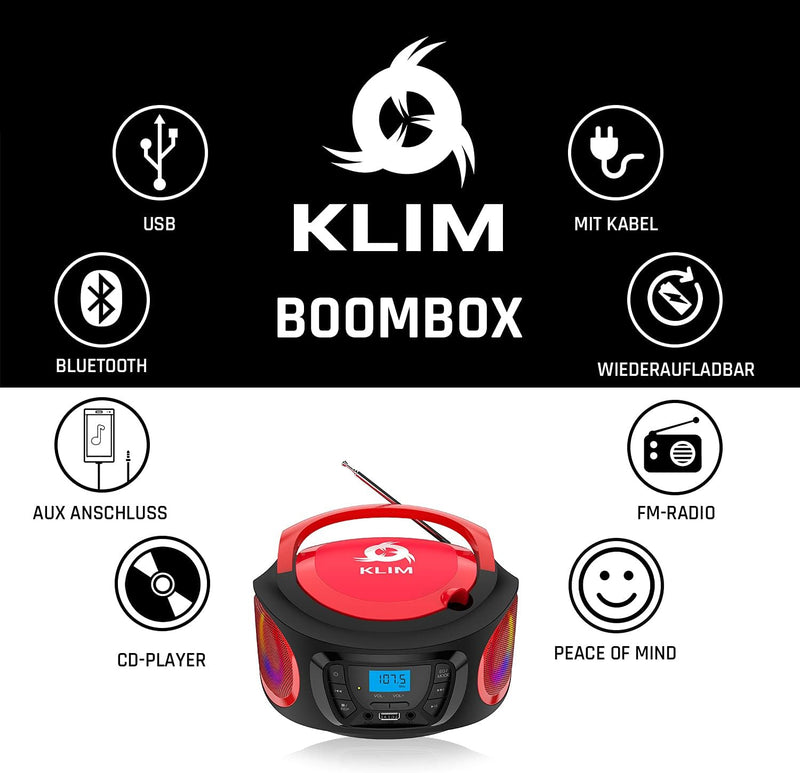 KLIM Boombox Radio mit CD Player - NEU 2023 - FM-Radio, CD Player, Bluetooth, MP3, USB, AUX - Inklus