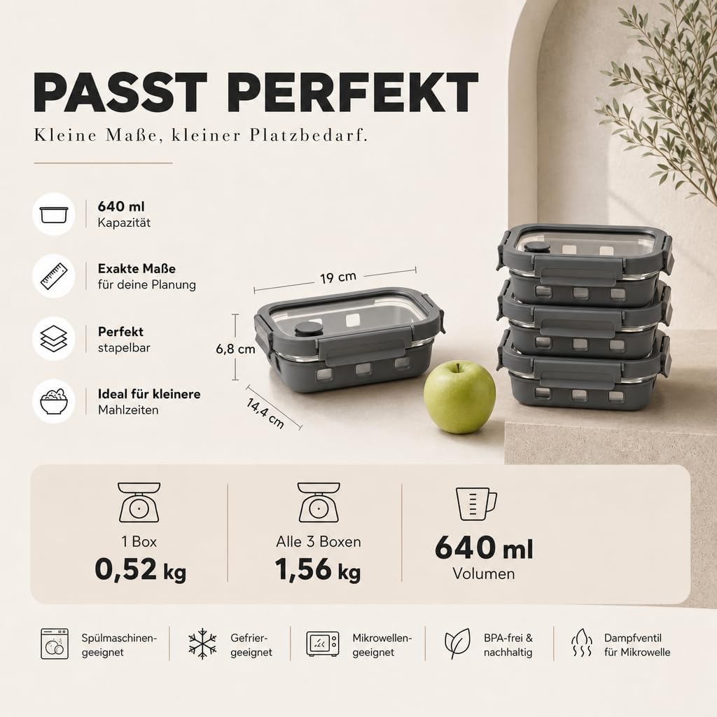 Meal Prep Boxen Set 3x640ml – Borosilikatglas, auslaufsicher, stapelbar, mikrowellengeeignet, mit Si