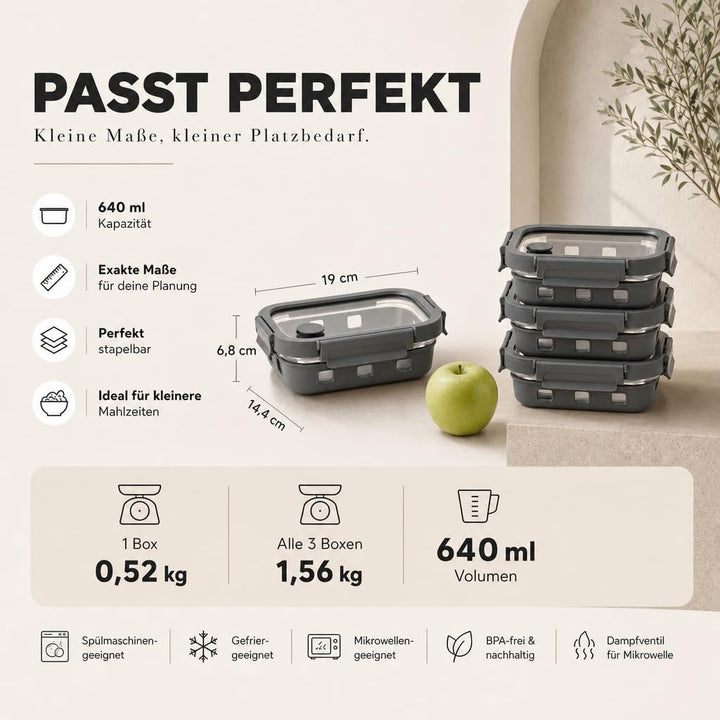 Meal Prep Boxen Set 3x640ml – Borosilikatglas, auslaufsicher, stapelbar, mikrowellengeeignet, mit Si