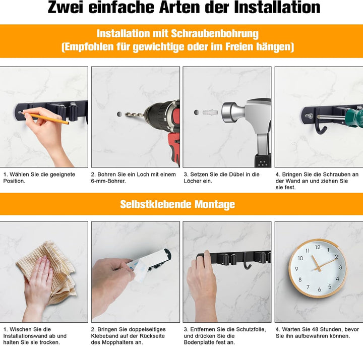 Besenhalterung Wand, Besenhalter Edelstahl, Gerätehalter Wandhalterung mit 6 Halter und 5 Haken, Bes