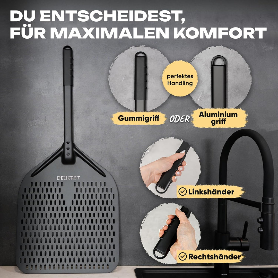 DELICRET „Black Line“ Pizzaschieber 12"/Ø30 – 30×30×72 cm inkl. Ø 32 cm Abkühlgitter für extra knusp
