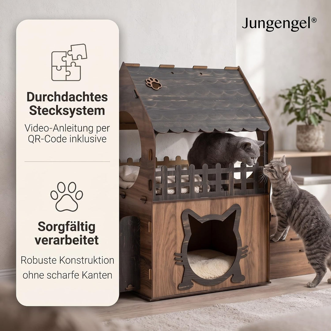 Zweistöckiges MDF Katzenhaus – Braun &amp; Dunkelbraun – Werkzeugloser Aufbau – Grössen XL, XXL, 3XL (Br