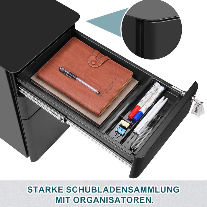 Rollcontainer, Aktenschrank, Schubladenschrank, Büroschrank aus Metall, Vormontiert, Abschliessbarer