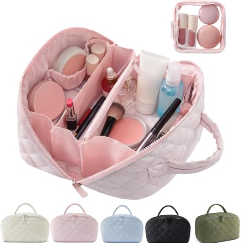 Travel Makeup Bag for Women – Large Capacity Waterproof Puffer Cosmetic Organizer, 180° Lay-Flat Toi