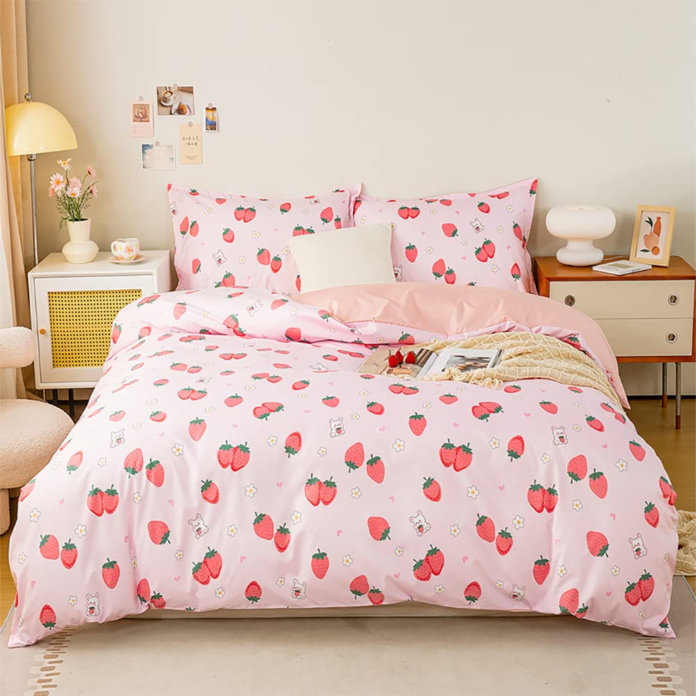 Koudi Kinderbettwäsche 100x135 Mädchen Rosa Altrosa Kinder Wendebettwäsche Set Süss Erdbeere Hase Mo