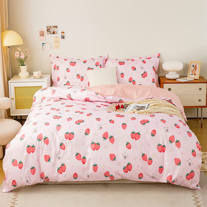 Koudi Kinderbettwäsche 100x135 Mädchen Rosa Altrosa Kinder Wendebettwäsche Set Süss Erdbeere Hase Mo