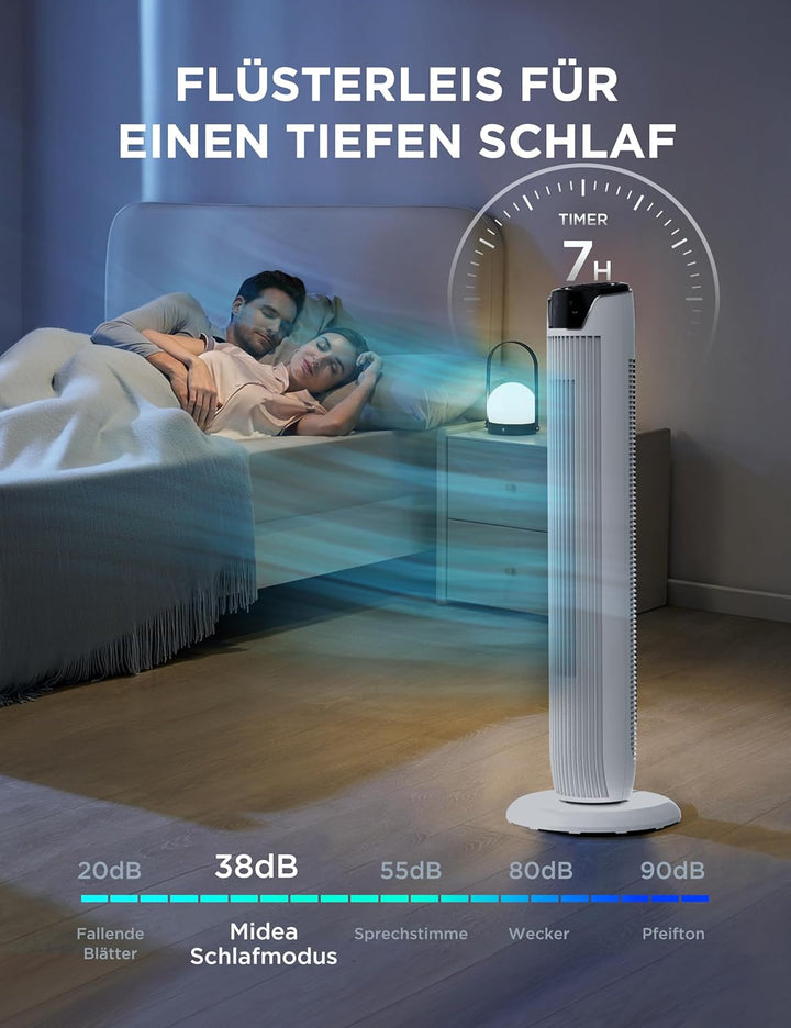 Midea FZ10-17JR(WH) Turmventilator Leise mit Fernbedienung 92CM, mobiler Lüfter,Ventilator Säulenven