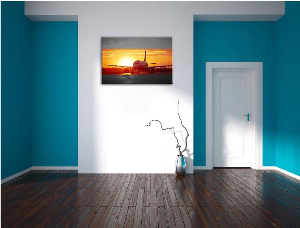 Pixxprint Flugzeug im Sonnenuntergang 100x70cm Leinwandbild Wandbild Kunstdruck, 100x70