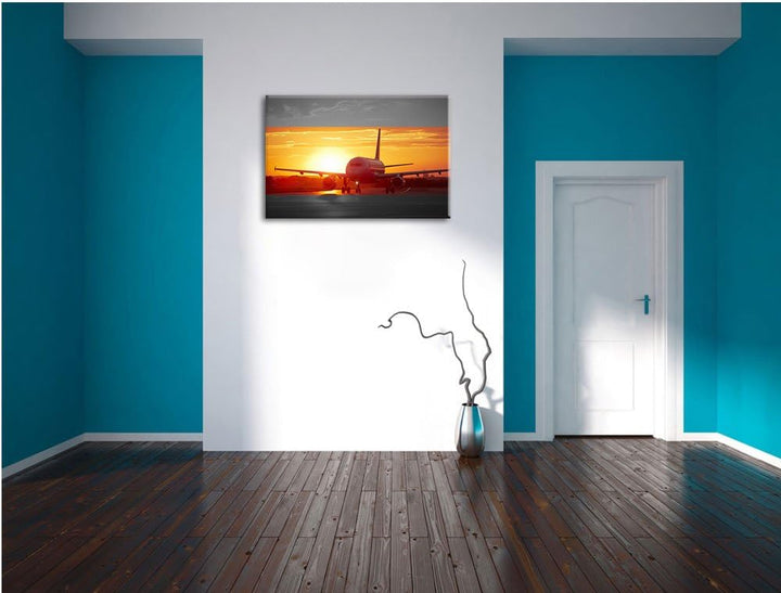 Pixxprint Flugzeug im Sonnenuntergang 100x70cm Leinwandbild Wandbild Kunstdruck, 100x70