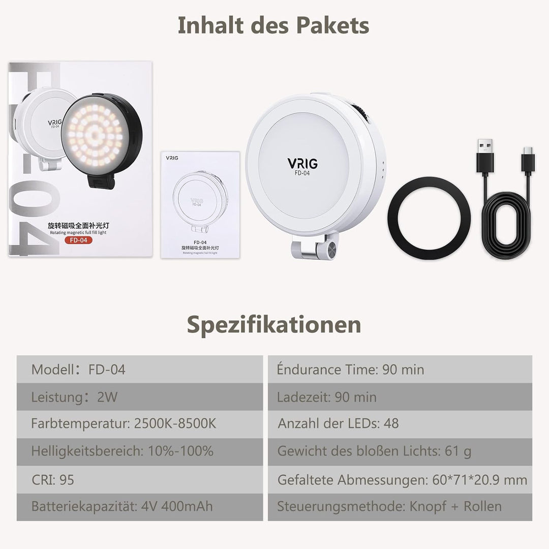 VRIG FD-04 Magnetische Selfie Licht mit Spiegel, Magnetische Handy Licht Kompatibel mit Mag Safe, 3