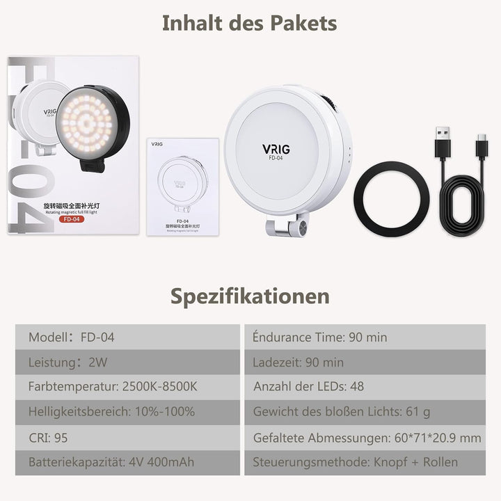 VRIG FD-04 Magnetische Selfie Licht mit Spiegel, Magnetische Handy Licht Kompatibel mit Mag Safe, 3