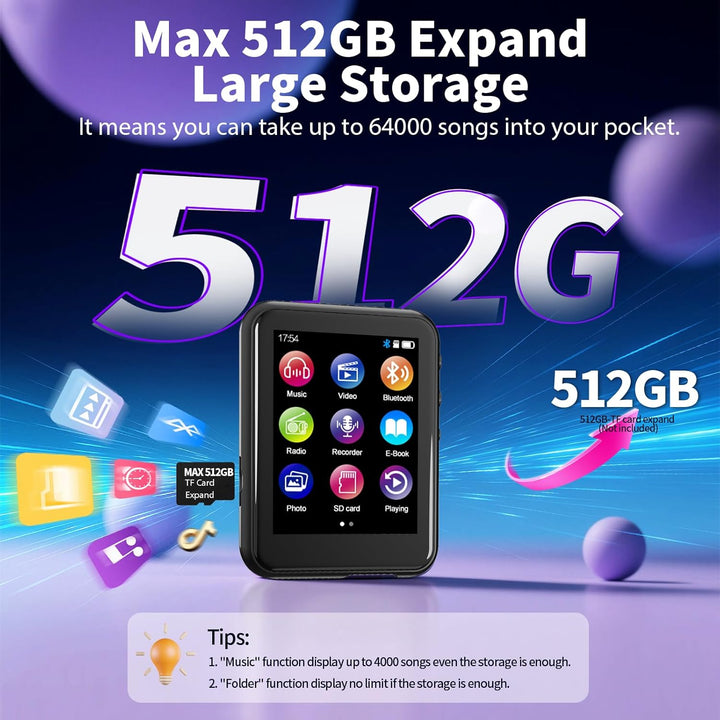 64 GB MP3-Player mit Bluetooth 5.3, QNGEE 2,4-Zoll-Full-Touchscreen-Musik-MP3 für Kinder, FM-Radio,