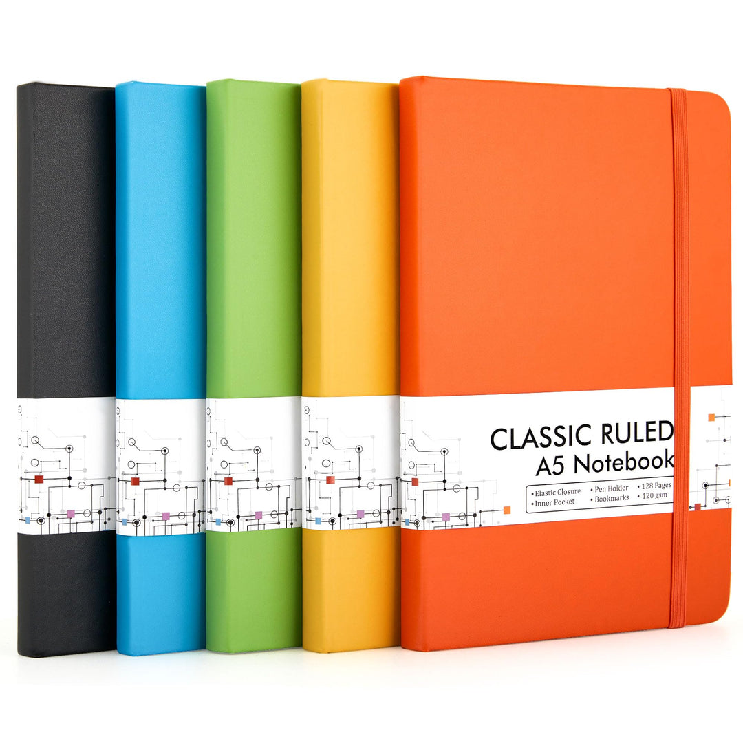 Feela Notizbuch A5 liniert Hardcover, 5 buntes Notizbücher Set, Journal Buch mit 5 Gelstifte schwarz