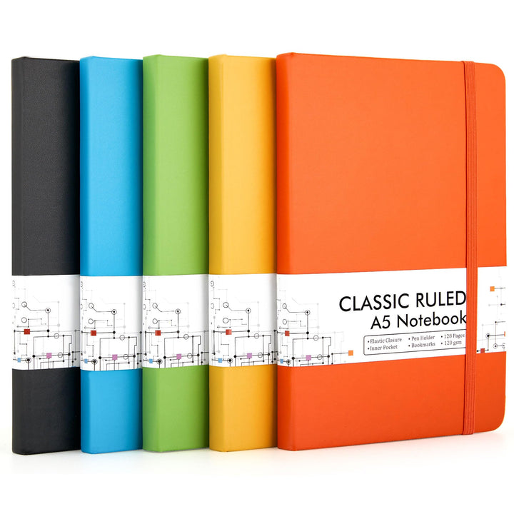 Feela Notizbuch A5 liniert Hardcover, 5 buntes Notizbücher Set, Journal Buch mit 5 Gelstifte schwarz